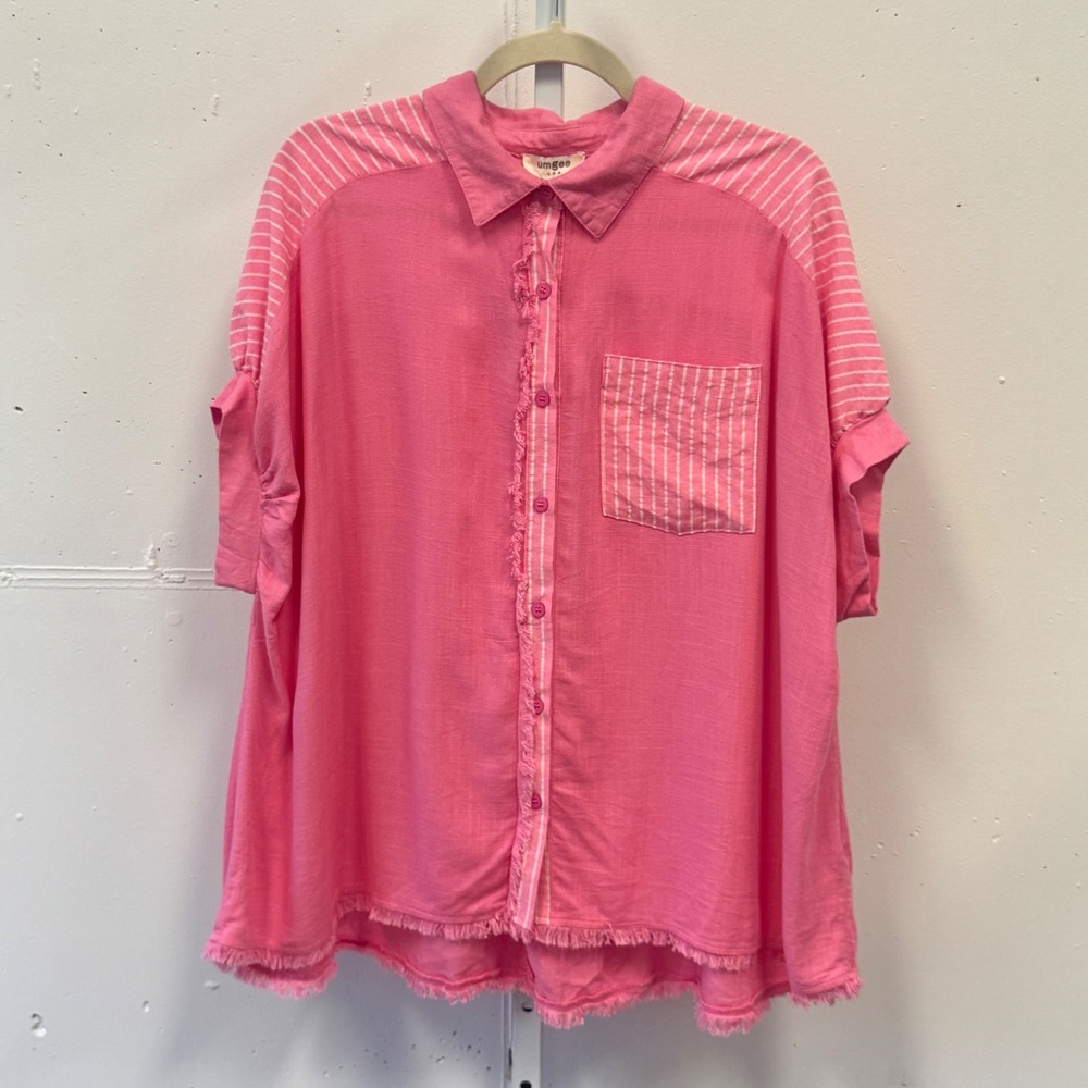 NWT Umgee USA Pink Linen Blend Striped Boho Frayed Hem Button Down Top Small
